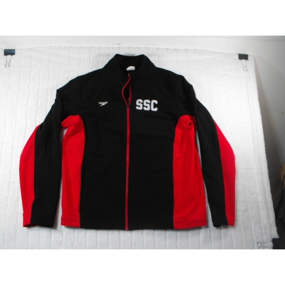 Speedo Track Jacket Mens XL Black Red Excellent SSC Swim Team Full Zip Logo